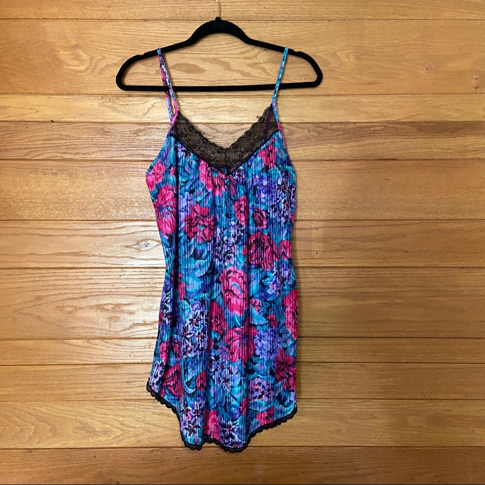 Vintage pleated bold floral lace trim slip dress